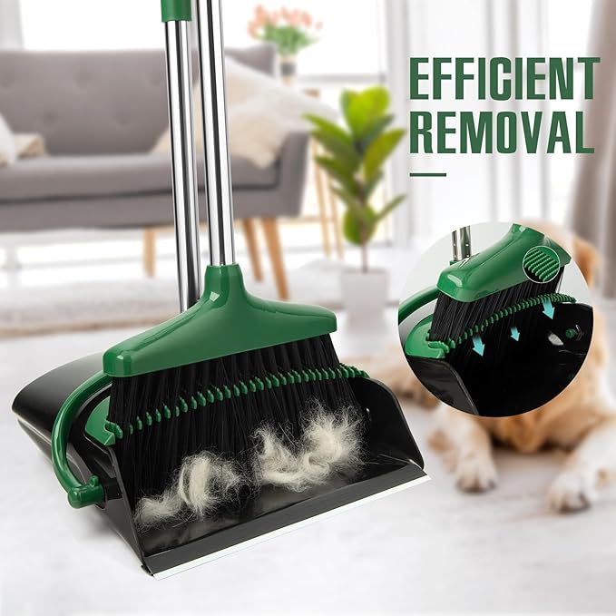 XXFLOWER Broom and Dustpan Set with Long Handle, Light Weight Stainless Steel Poles Stand Upright Dustpans with Broom Combo for Home Kitchen Office Pet Dog Hair, 1-Pack(Black Green)