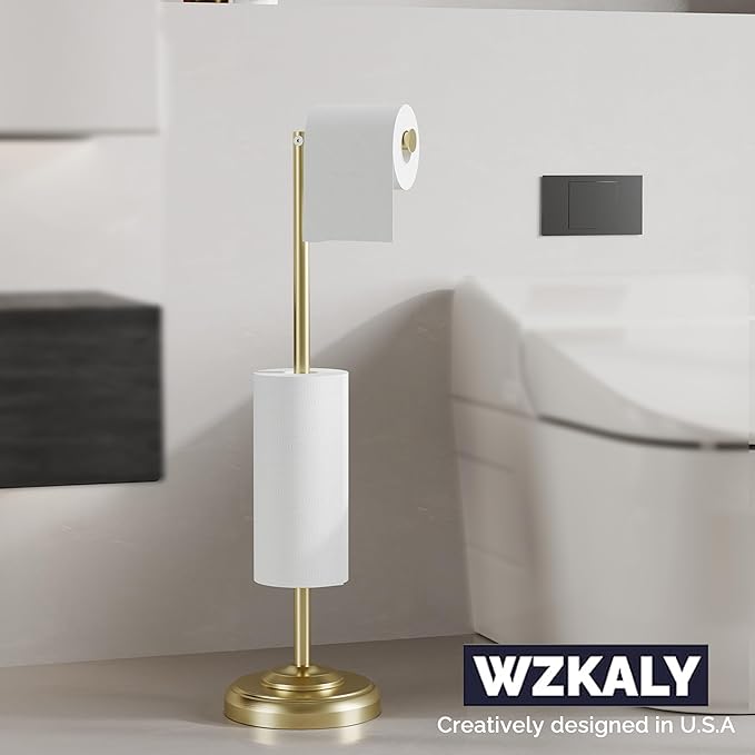 WZKALY Freestanding Toilet Paper Holder Stand with Storage – Holds 4 Extra Rolls – Brushed Gold Toilet Paper Holder for Bathroom – Sturdy Base, Classic Retro Style, Space-Saving Bathroom Storage