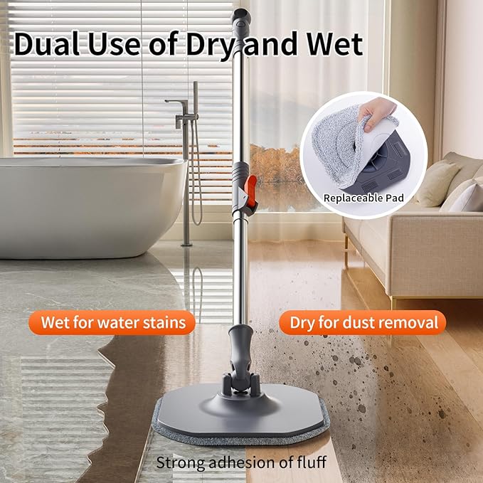 Spin Mop and Bucket Set with Separate Dirty and Clean Water,360° Self Cleaning Mop and Bucket System with Widened Foldable Handle,2 Replaceable Mop Pads,Square Mops for Floor Tile Marble Wall Cleaning