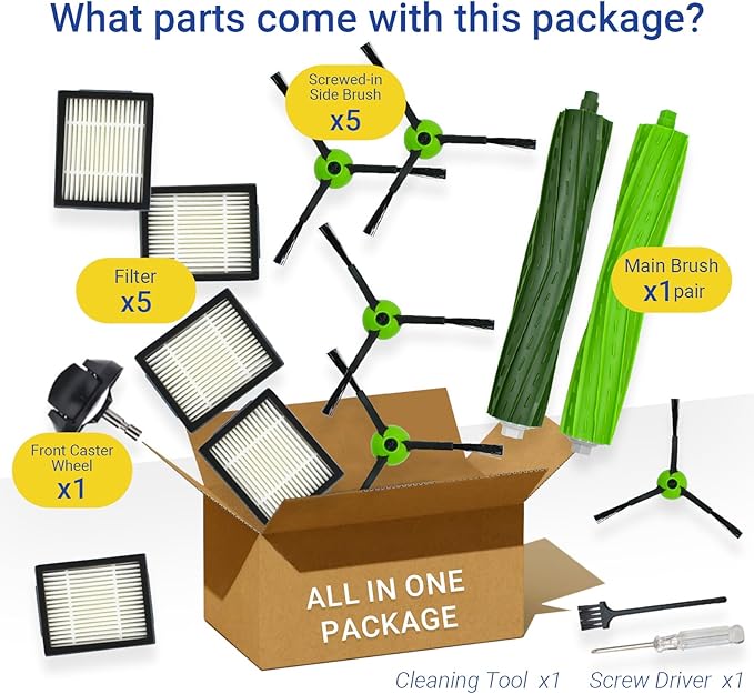 Replacement Parts Accessories for iRobot Roomba J Series J5 J5+ J6 J6+ J7 J7+ J8 J8+ J9 J9+ Vacuum Cleaner Attachment Kit, 1 Main Brush, 5 Side Brush, 5 Filter, 1 Caster Wheel (Not for Combo j7+/j9+)