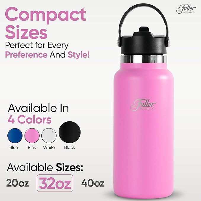 Fuller Stainless Steel Water Bottle with Straw Lid – BPA-Free, Sweat-Proof, Leak-Proof Travel Mug – Double Wall Insulated for Hot & Cold Drinks – Carry Handle (Bright Pink, 32 Oz.)