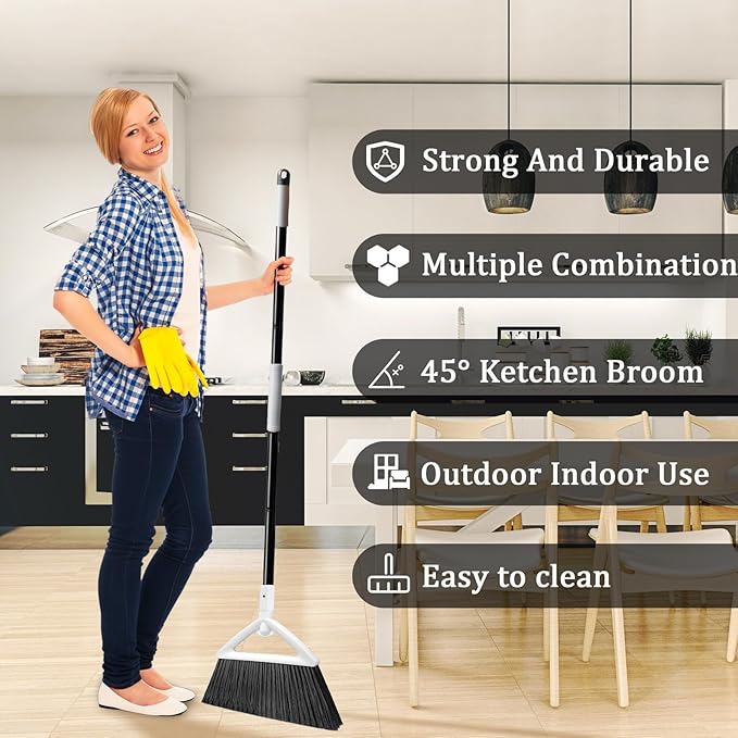 Szjyhqy 4 Pack Outdoor Indoor Broom, Brooms for Sweeeping Indoor, Heavy-Duty Kitchen Broom with Long Pole, Angle Broom White for Garages Restaurant Courtyard Office Slidewalk Lobby Sweep Dust