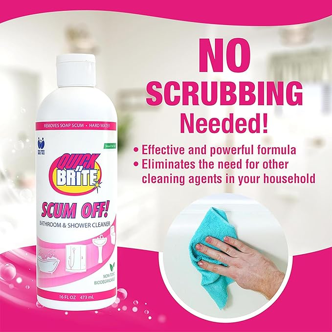 Quick N Brite Scum Off Shower Cleaner - No Scrub, No Harsh Chemical Daily Shower Cleaner, Multi-Surface All-Purpose Cleaner 16 Oz (Packaging May Vary)
