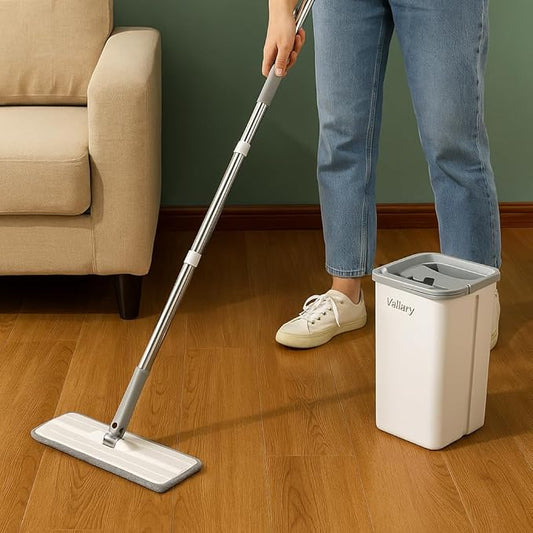 Flat Mop & Self-Wringing Bucket Set – 360° Pivot Head, Hands-Free Cleaning for Wet & Dry Use – Microfiber Pads for Hardwood, Tile, Laminate & Kitchen Floors