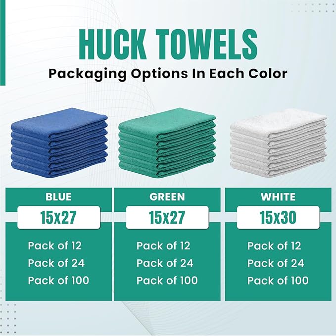 Premium Green Huck Towels – (12 Pack) 15 x 27 inches 100% Cotton Bulk Towel for General Cleaning, Auto Shop, and Hospital Use, Super Absorbent, Machine Washable Cloth