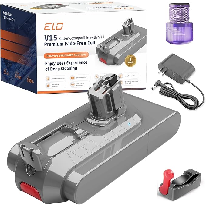 ELO V11/V15 Battery, Filter, and Charger Replacement Bundle – Compatible with Dyson V15 and V11 Vacuums (Click-in Version), V15s Detect Submarine, V15 Detect Absolute, SV22, SV47 Vacuum Cleaner