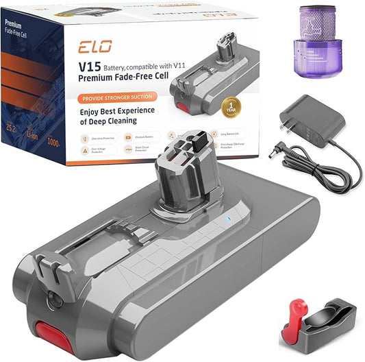 ELO V11/V15 Battery, Filter, and Charger Replacement Bundle – Compatible with Dyson V15 and V11 Vacuums (Click-in Version), V15s Detect Submarine, V15 Detect Absolute, SV22, SV47 Vacuum Cleaner