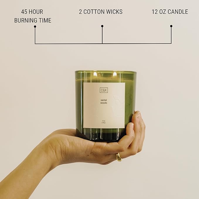 Craft & Kin 12oz Santal Woods Candle for Home | Premium Green Fall Scented Candles for Men | Made with Natural Soy | Gifts for Men and Women | Nature Collection