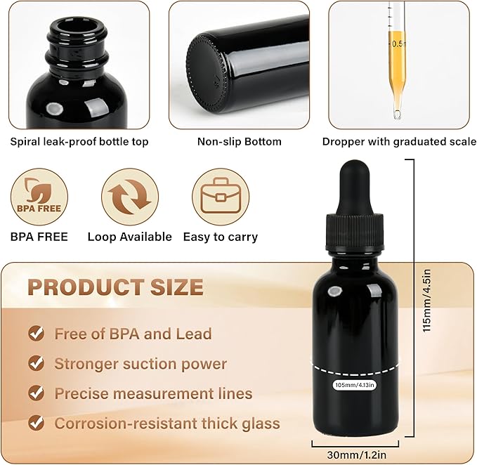 12 Pcs, 2oz Black Glass Eye Dropper Bottle, Tincture Bottles with Leak-Proof Design, Stronger Suction, for All Kinds of Mixed Liquids