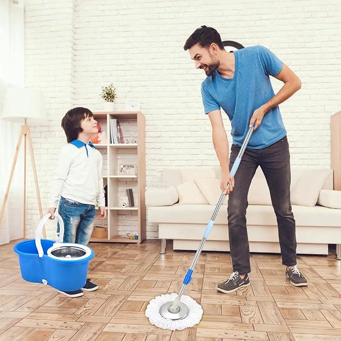 Spin Mop and Bucket with Wringer Set,360° Spin Mop & Bucket Floor Cleaning System Mop Bucket with 61" Adjustable Extended Handle 3 Microfiber Replacement Head Refills