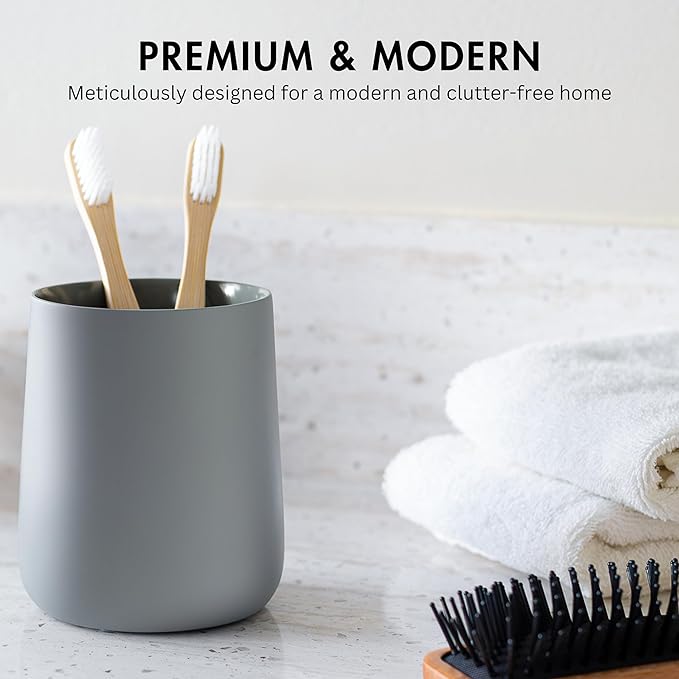 Yew Design Matte Gray Toothbrush and Toothpaste Holder and Cup for Bathroom Vanity and Countertop, Round Organizer for Electric Toothbrushes, Floss, Razors, Cotton, and Mouthwash