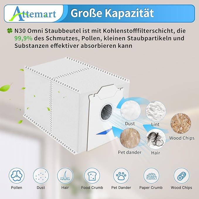 Attemart Dust Bag (10 Pcs) Replacement for Ecovacs Deebot N30 Pro Omni Robot Vacuum, 3L Large Capacity Vacuum Bags Compatible with Ecovacs Deebot N30 Omni Accessories