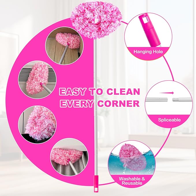 Heonay Ceiling Fan Cleaner Duster Reusable Microfiber Ceiling Fan Blade Cleaner Removable Duster with Extension Pole Adjusts 13 to 49.7 Inch for Cleaning Walls Furniture Door Window Top (Rosy White)
