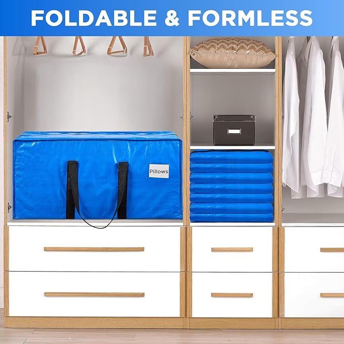 Extra Large Moving Bags Heavy Duty Storage Bags with Zipper Handles, BETU 6 Pack Clothes Storage Totes Bins Packing Moving Boxes, Moving Supplies for College Dorm Essentials, Space Saving, Blue