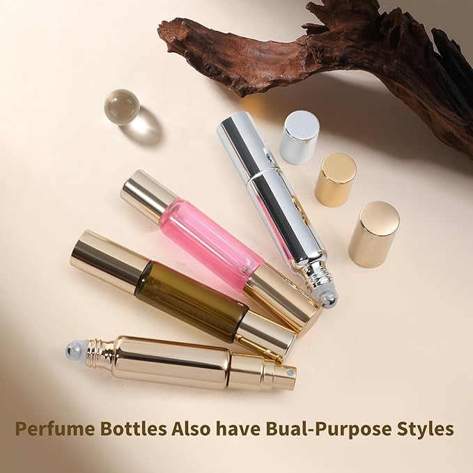 2-in-1 Travel Fragrance Spray and Roller-On Fragrance Bottle - Refillable Perfume Bottles (4 Pack) 10ML Essential Oil Roller, Travel Essentials, Roller-On Fragrance Spray Combo