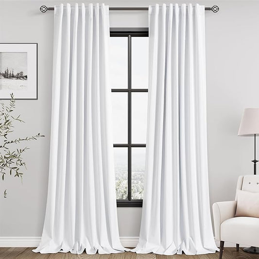 Nanspring White Linen Blackout Curtains, 132 inch Length Back Tab Rod Pocket Thermal Insulated Textured Living Room Blackout Curtains 2 Panels Set 52x132 Pure White