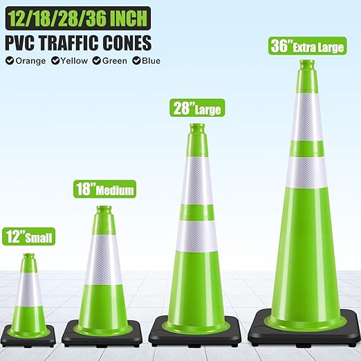 Fluorescent Orange/Green PVC Traffic Cones, Heavy Black Base Parking Lot Cone Structurally Stable Weatherproof Road Construction Safety Cones (8, Green, 12" Small)