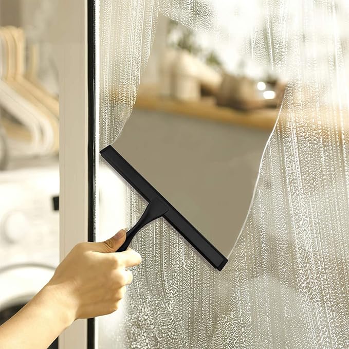 steauty Shower Squeegee for Glass Doors,10-Inch Shower Glass Squeegee, Matte Black Shower Squeegee for Shower Doors,Mirror,Windows, with Shower Door Hook and Adhesive Hook