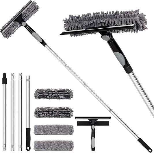 Professional 72'' Window Squeegee Cleaning Washing Tool/Kit with Extension Pole, 3 in 1 Squeegee for Window Cleaning Kit for High Window with 1 Rotatable Head 4 Interchangeable Scrubber