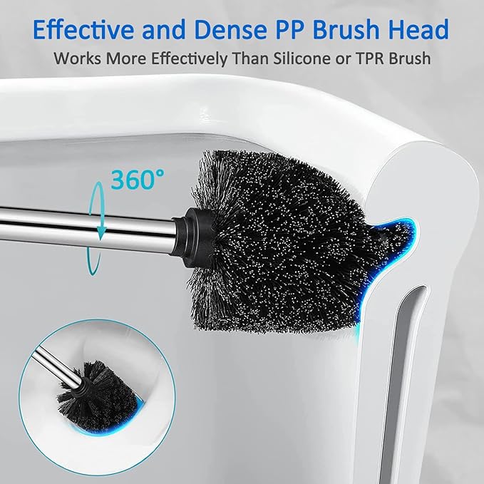 Leadfun Toilet Bowl Brush and Holder, Toilet Brush with Stainless Steel Handle and Durable Bristles for Bathroom Cleaning, Automatic Closing Holder Set (Silver)