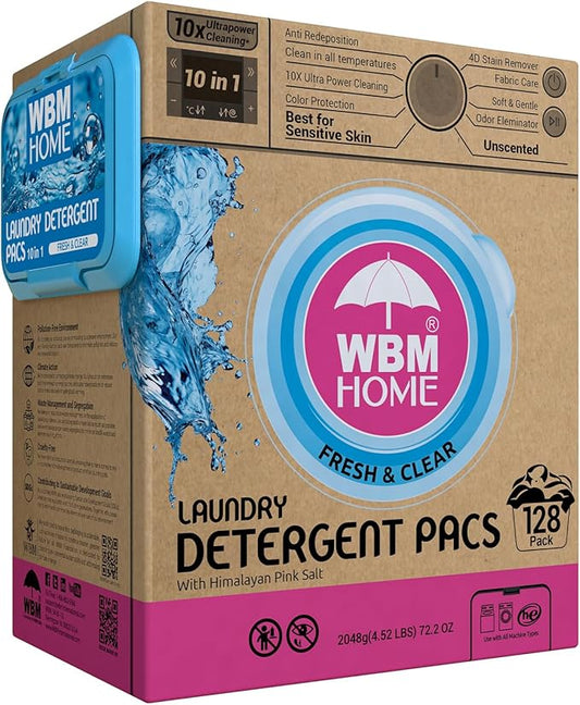 WBM Laundry Detergent Pods, 128 Count | Fresh & Clear Unscented | Laundry Pods 10x Ultrapower Cleaning With Color Protection and Eco-Friendly Packaging