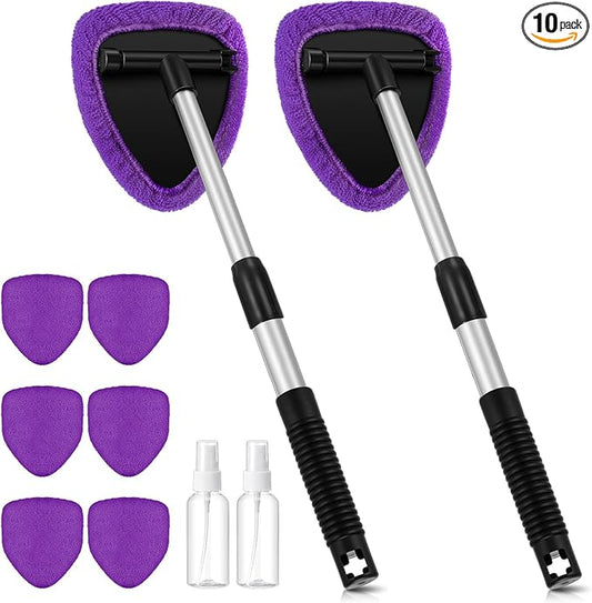Baderke 10 Pcs Windshield Cleaner Tool Car Window Cleaning Supplies with Extendable Handle Include 6 Washable Microfiber Bonnets 2 Empty 60ml Spray Bottle Glass Wiper Kit(Purple)