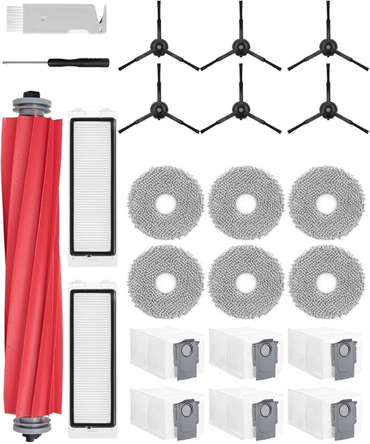 Rrochio 23 Pack Replacement Parts for Roborock Q Revo Robot Vacuum Accessories Kit with1 Main Brush,6 Mop Pads,6 Black Side Brushes,6 Dust Bags,2 Hepa Filter,1 Cleaning Tool,1 Screwdriver