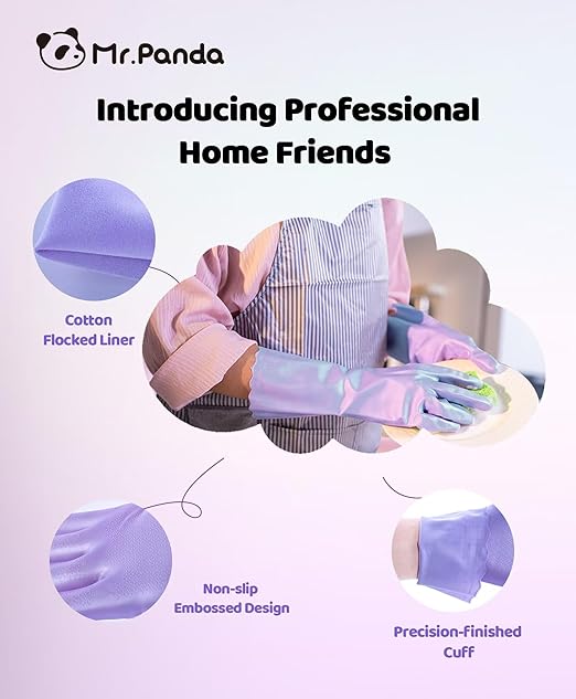 Mr.Panda 3 Pairs Skin-Friendly Flocked Cotton Liner Cleaning Gloves Small, Reusable Dishwashing Gloves for Washing Dishes, Kitchen, Shimmering Pink