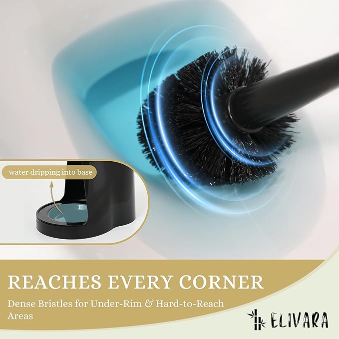 ELIVARA Toilet Plunger and Bowl Brush Combo with Dual-Compartment Holder – Heavy Duty Suction, Ergonomic Handles, Anti-Splash, Sleek Compact Design (Black)