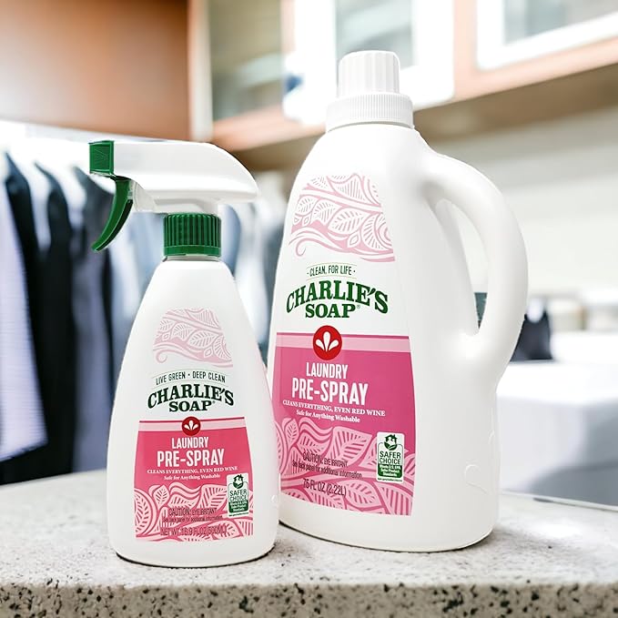 Charlie’s Soap Laundry Pre-Spray Stain Remover Refill Kit (91.9 fl oz), Natural Laundry Pretreat and Stain Remover (2 Pack - One 16.9oz Sprayer and One 75oz Refill)