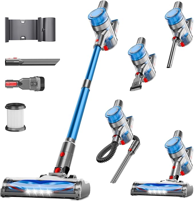 fenhua Cordless Vacuum Cleaner, Powerful Stick Vacuum Cleaner for Home with Rechargeable Battery, 6-in-1 Lightweight Handheld Vacuum, 45 Mins Runtime for Hardfloor & Carpets Pet Hair (Blue)