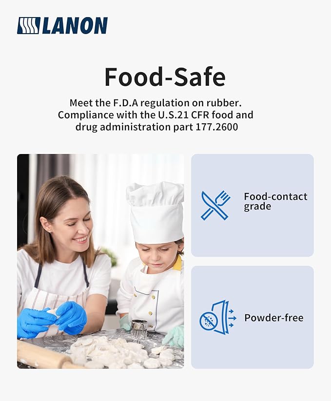 LANON Disposable Nitrile Gloves, Silicone-Free, Food-Safe, Chemical Resistant, Powder-Free, Textured Fingertips, Cooking, Cleaning, Blue, Large