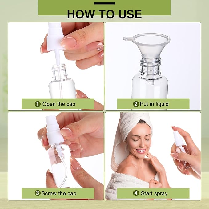 Uiifan 100 Pcs Mini Clear Spray Bottles 1 oz Small Empty Plastic Fine Mist Spray Bottles with Small Funnels for Essential Oils Travel Alcohol Perfumes