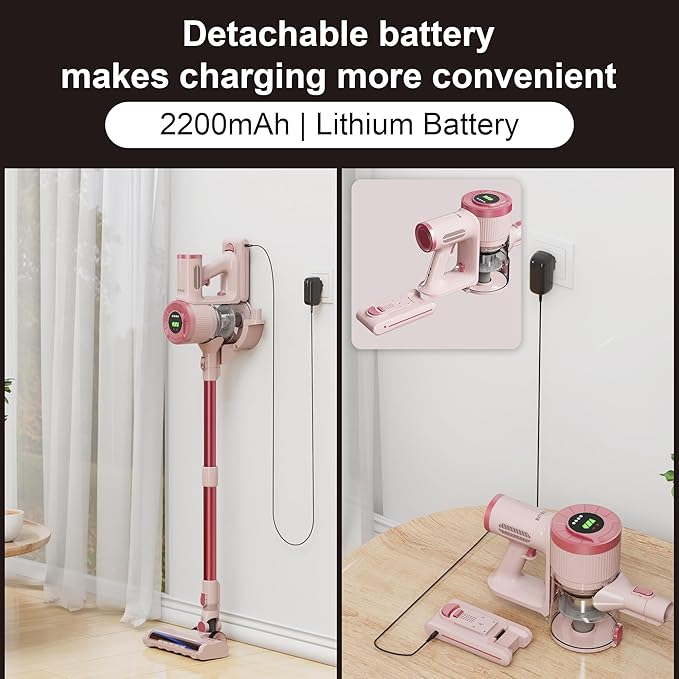 BUTY BULU Cordless Stick Vacuum Cleaner, 30KPa Handheld Rechargeable Battery Lightweight Small Pink Vac Electirc Broom, 40Mins Runtime for Home Hard Floor Carpet Pet Hair Cleaning, LED Screen