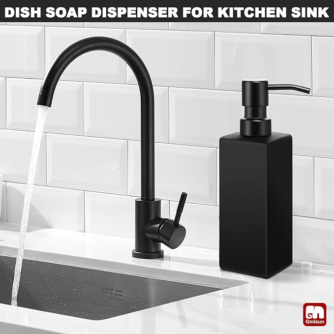 GMISUN Black Soap Dispenser Bathroom, Glass Hand Soap Dispenser with Stainless Steel Pump, 12 fl oz/350ml Refillable Dish Dispensers for Kitchen, Modern Liquid Lotion Bottles for Bathroom Countertop
