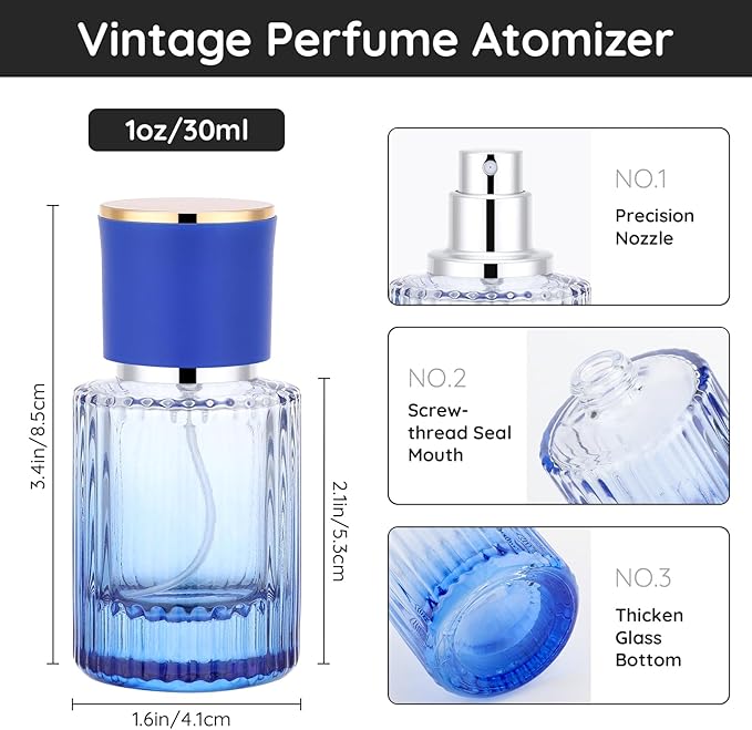 Segbeauty 1oz Glass Perfume Bottles Empty Cologne Bottle 4Pack of 2pcs Travel Containers Blue Atomizer Sprayer for Perfume, 2pcs Black Travel Size Cologne Refill Bottle with Transfer Tools Set
