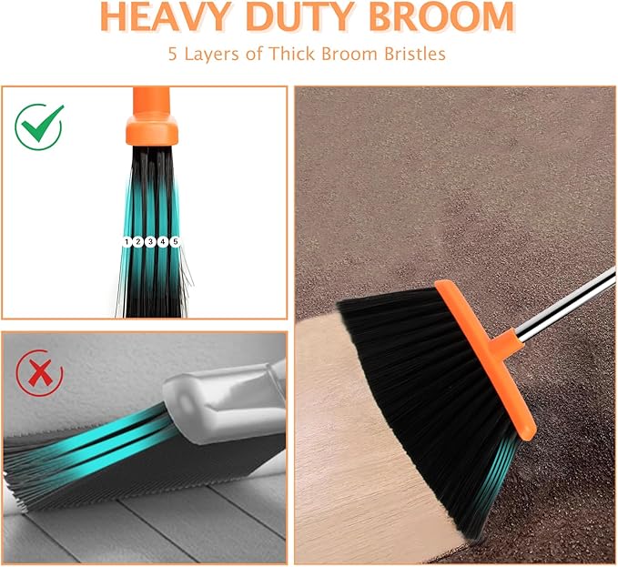 XXFLOWER Broom and Dustpan Set,Dustpans with Broom Combo for Home,Heavy Dust Broom and Dustpan Combo,Long Handle Dust Pan and Broom Set for Kitchen Office,Pet Hair(Brown Orange)
