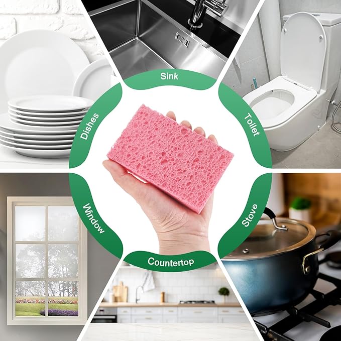 M METERXITY 12-Pack Kitchen Sponges, Condense Eco Cellulose Non-Scratch Scrub Heavy Sponge for Kitchen/Household/Bathroom, Clean Tough Messes Dish Scrubber [Pink]