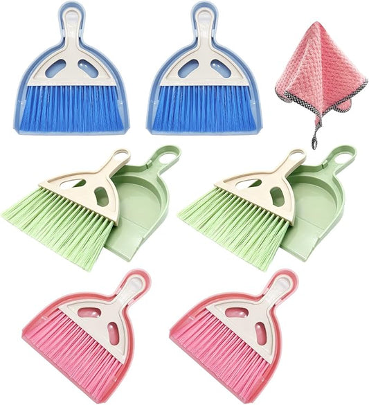 Sissatthai 6Pcs Small Dust Pan and Brush Set with Cleaning Cloth - Blue & Green & Pink Brooms, Mini Hand Broom and Dustpan Set Whisk Dustpan Brush Kid Broom for Table Desk Car Keyboard