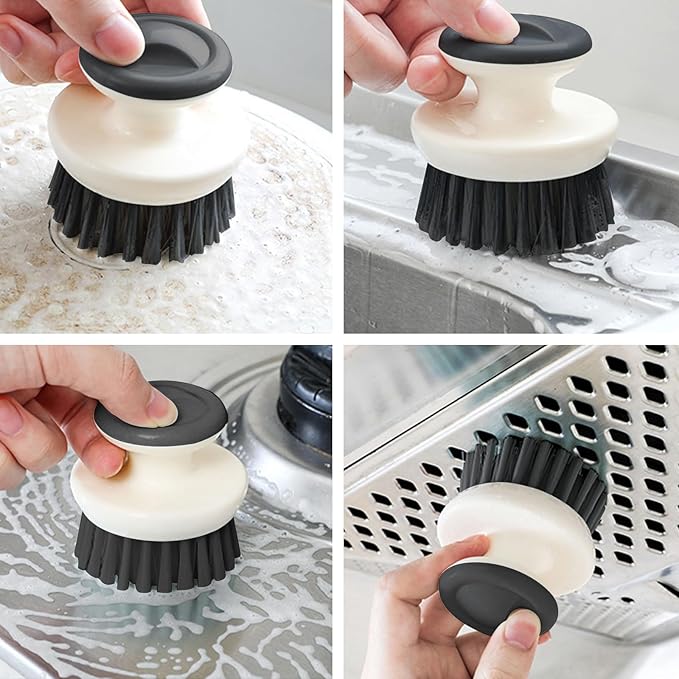 Dish Scrub Brush,Ergonomic Grip Palm Brush,Kitchen Scrub Brushes for Cleaning, Dish Scrubber with Stiff Bristles for Sink, Pots, Pans (Grey+Black)