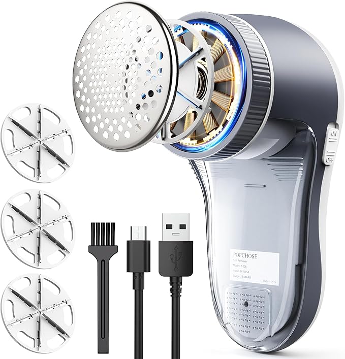 POPCHOSE Fabric Shaver, Lint Remover for Clothes, Electric Lint Shaver with 6-leaf Blades, Sweater Shavers to Remove Pilling for Clothing, Couch, Furniture, Fuzz, Lint Ball, Pillings, USB Rechargeable