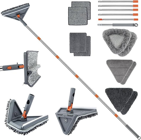 UIMO Wall Cleaner Mop with 94" Long Handle, 2-in-1 Triangle & Rectangle Head with Squeegee, 10 Washable Pads, Baseboard Cleaner Tool for Walls Scrubber, Ceilings, Windows, Glass, Fans, Doors, Corners