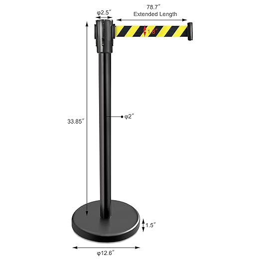 New Star Foodservice 1028911 Stanchions, 36-Inch Height, 6.5-Foot Retractable Belt, Set of 2, Hazard Belt Pattern
