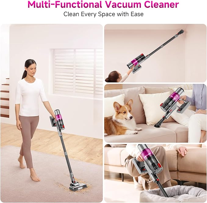 Clinkal Cordless Vacuum Cleaner: 40KPA Powerful Suction Cordless Stick Vacuum Cleaners for Home, Anti-Tangle Brush, Lightweight, 6-in-1 Rechargeable Vacuum for Pet Hair/Carpet/Hard Floor(Purple)