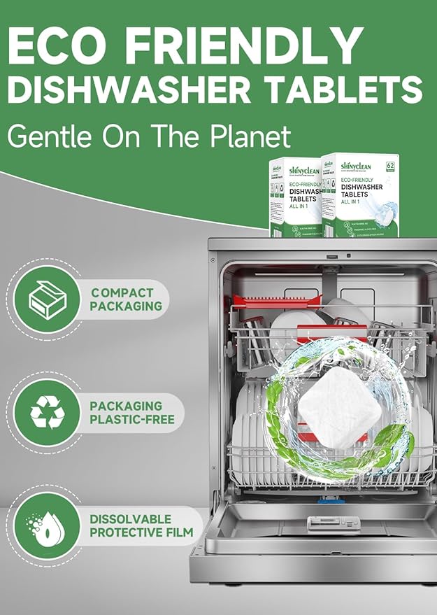 Dishwasher Detergent Tablets with Built-in Rinse Aid | All-in-1 Plant-Based Pods | Fragrance & Dye Free | Natural & Phosphate-Free | Biodegradable & No Unwrapping Needed | 62 Count