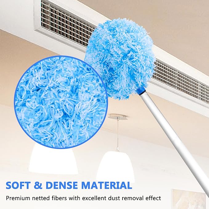 Heonay Ceiling Fan Cleaner Duster Reusable Microfiber Ceiling Fan Blade Cleaner Removable Duster with Extension Pole Adjusts 13 to 49.7 Inch for Cleaning Walls Furniture Door Window Top (Blue White)