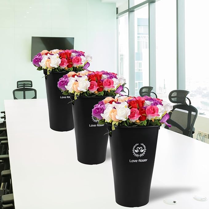 4-Pack 15.98 Inch Plastic Flower Buckets for Cut Flowers, Black Tall Flower Bucket Vase for Home, Wedding Decorations