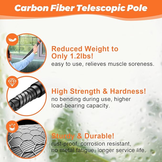 Msnaile Window Squeegee with Carbon Fiber Extension Pole for Home, 3.5 to 12Ft Window Cleaning Kit Tool Outdoor, Lightweight Professional Window Washing Kit with Rotatable Head & 2 Scrubbers, 2 in 1