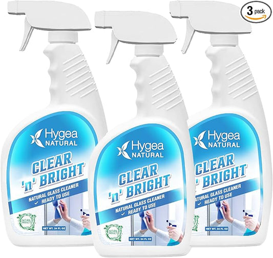 Hygea Natural Clear 'n' Bright - Non-Toxic Glass Cleaner Spray - Streak-Free & Ammonia-Free Window Cleaning - Window & Mirror Cleaning Supplies - Safe & Fast (3 Pack, 24oz Spray)