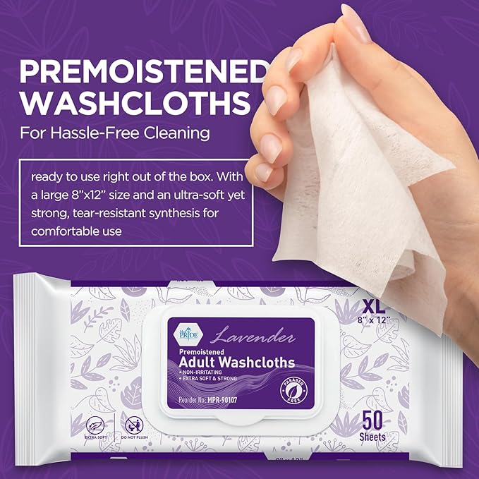MED PRIDE Premoistened Disposable Washcloths for Adults 8 X 12 in | Ultra-Soft, Paraben-Free, No-Rinse | Lavender Scent | Pack of 600